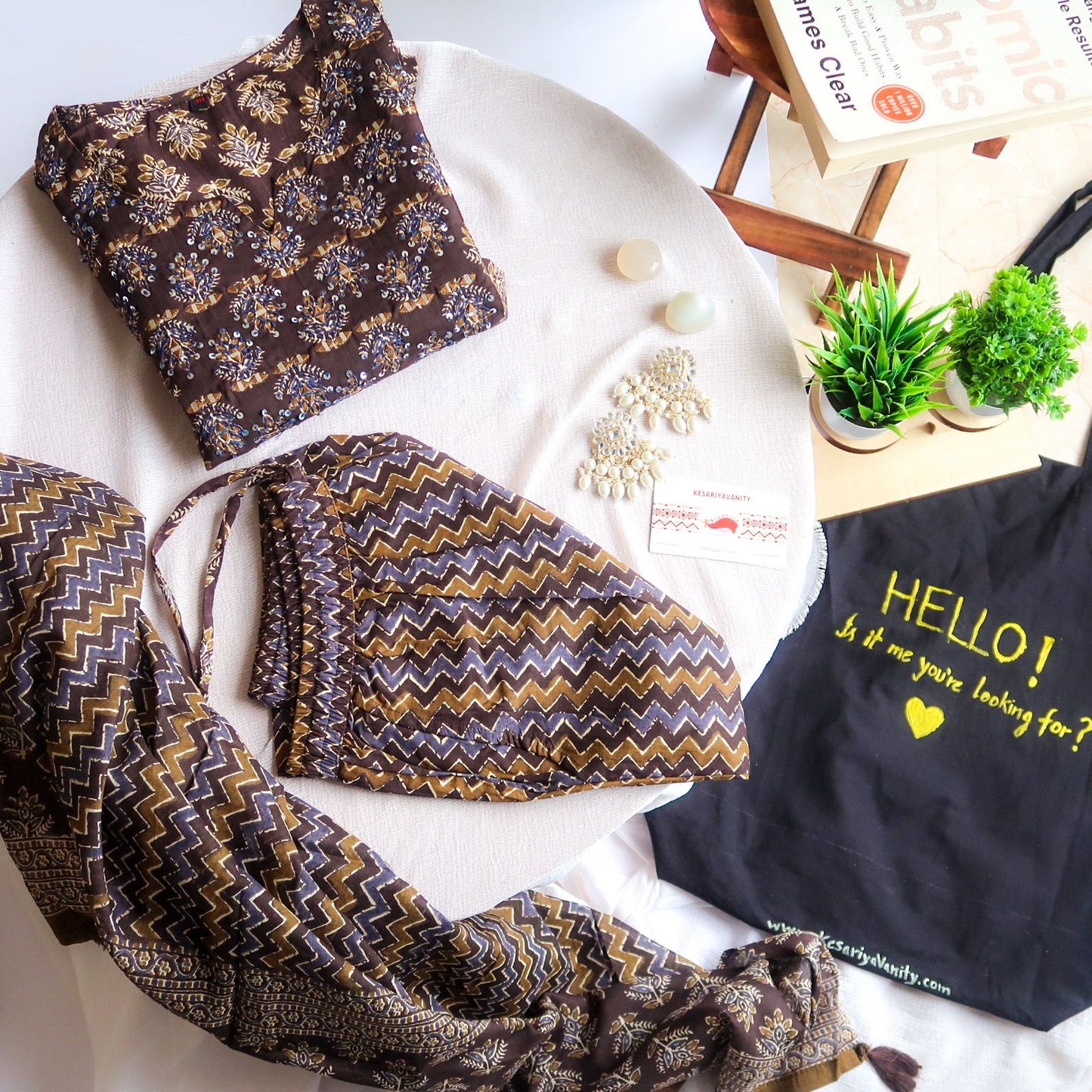 Coffee Cotton Mirror Work Suit Set