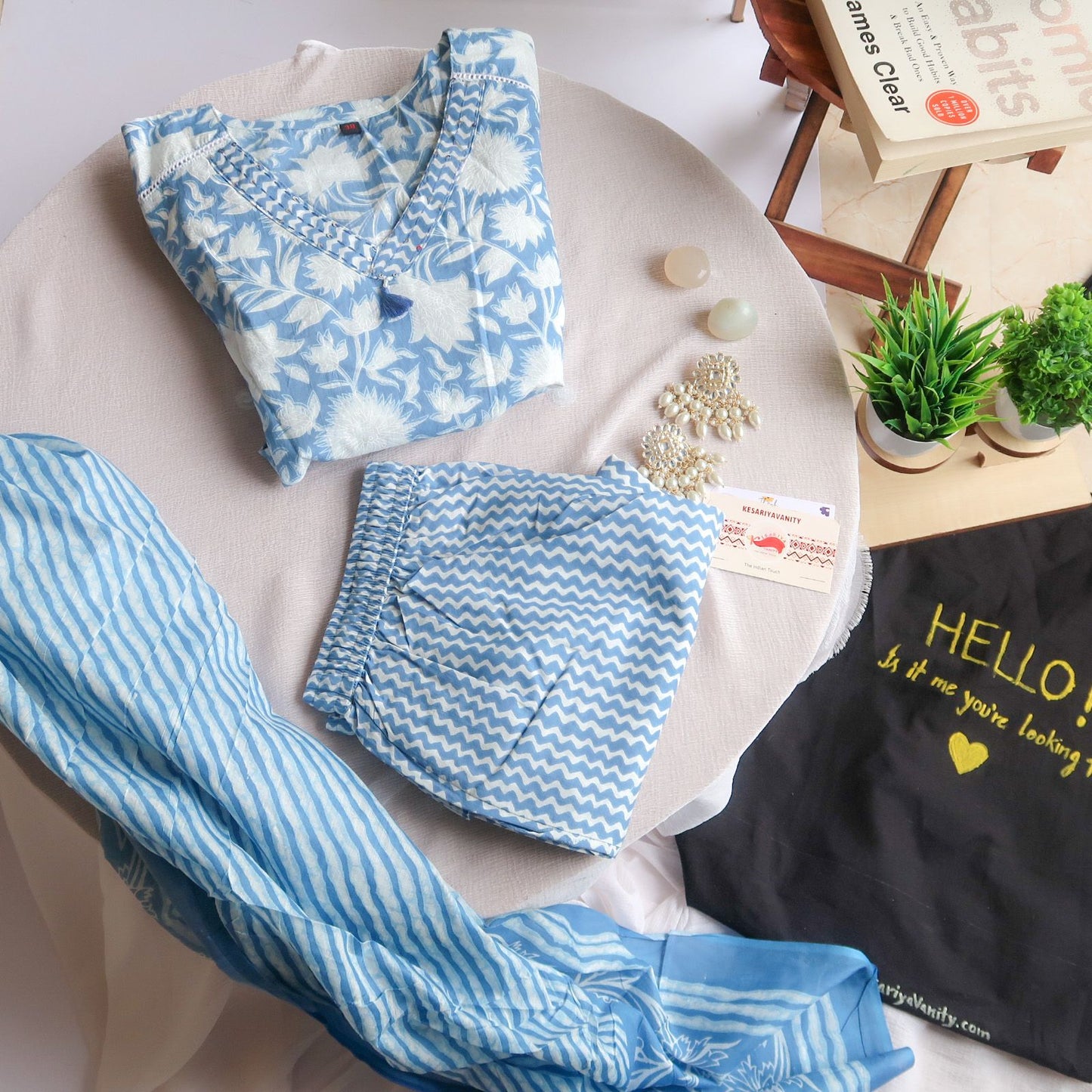 Whispering Petals: Sky Blue Floral Cotton Suit Set