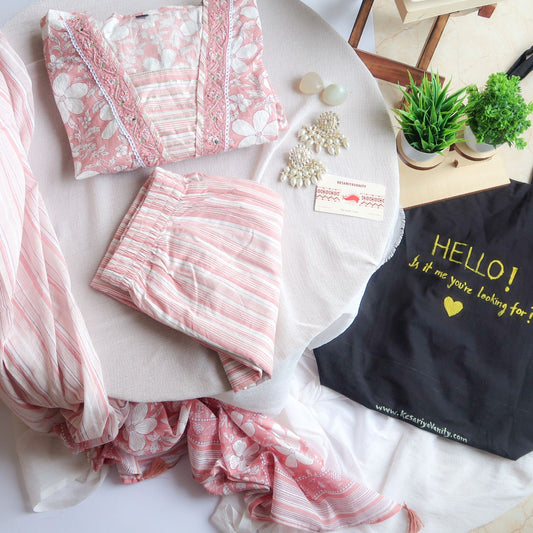 Baby Pink Mirror Work Cotton Suit Set