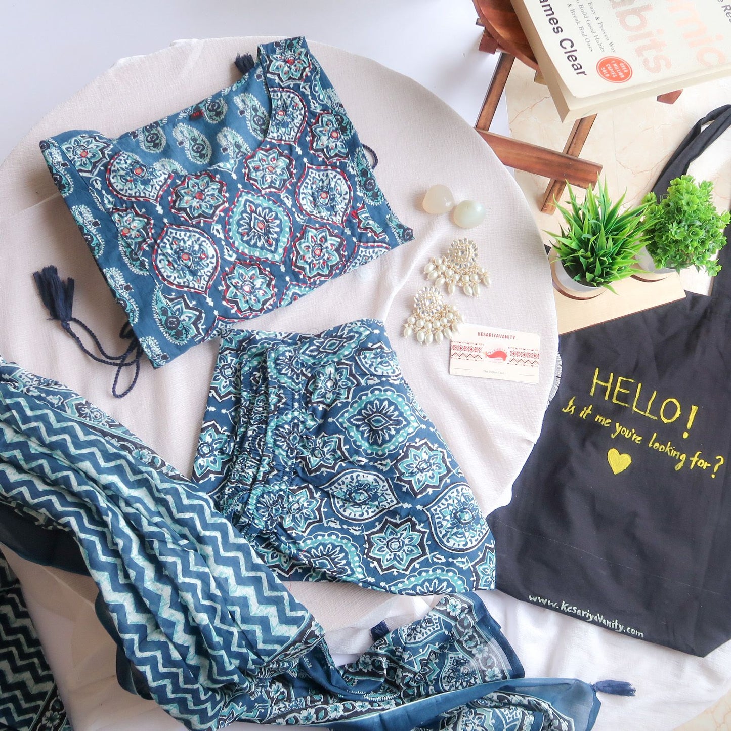 Marine Ocean Blue Mirror Work Cotton Suit Set