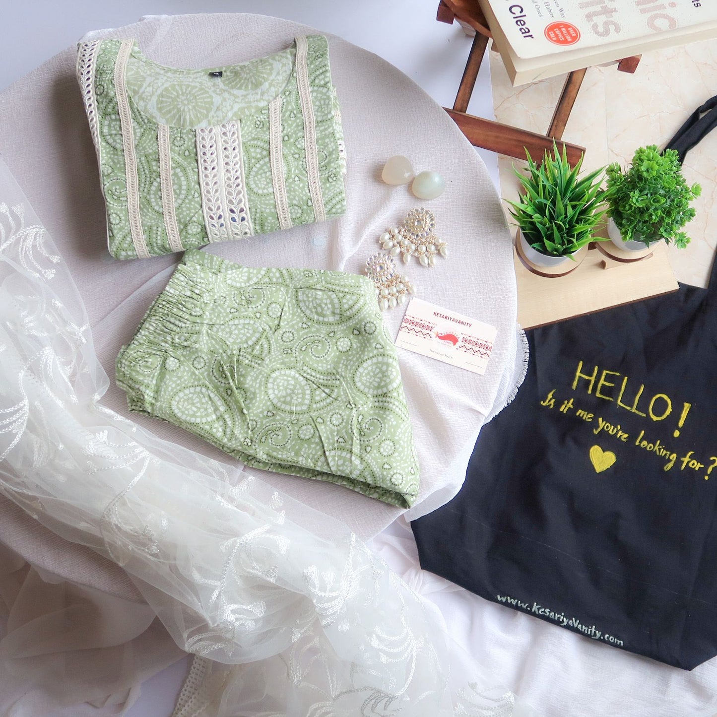 Pale Green Mirror Work Cotton Suit Set  with White Net Handwork Dupatta