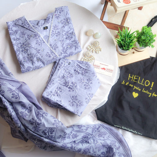 Pure Comfort : Alpine Violet Blue Hues Suit Set With Dupatta