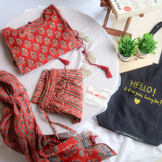 Red Cotton Mirror Work Suit Set with Ajrakh Print
