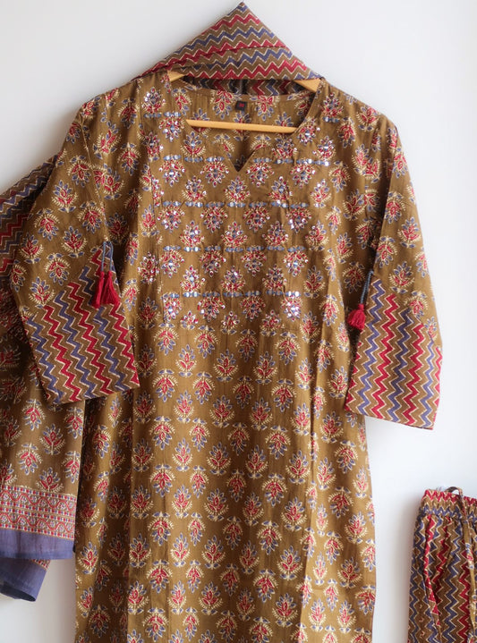 Mustard Sequin & Mirror Work Suit Set