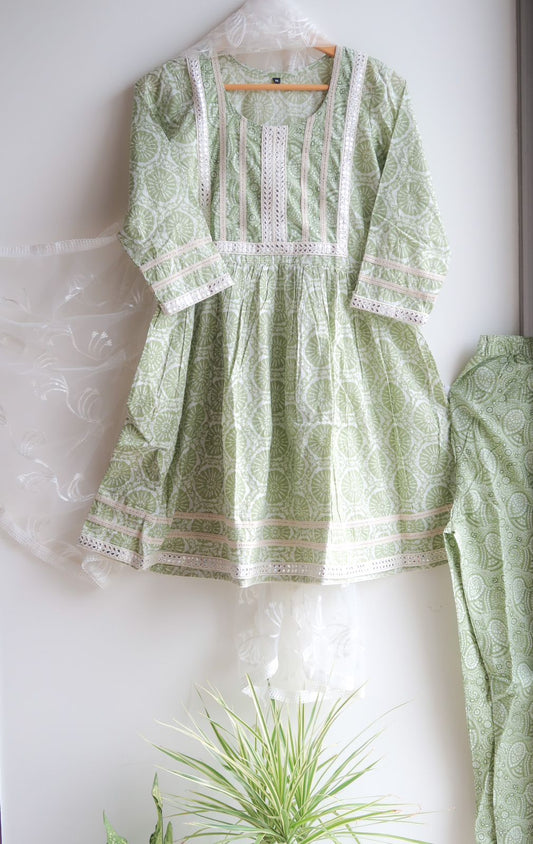 Pale Green Mirror Work Cotton Suit Set  with White Net Handwork Dupatta