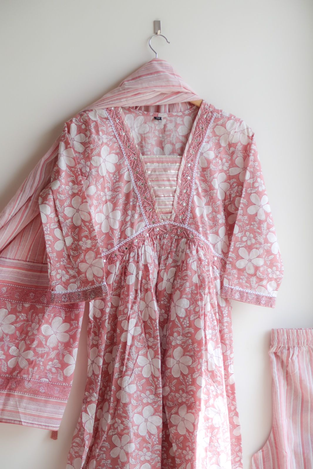 Baby Pink Mirror Work Cotton Suit Set