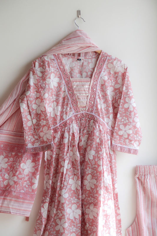 Baby Pink Mirror Work Cotton Suit Set