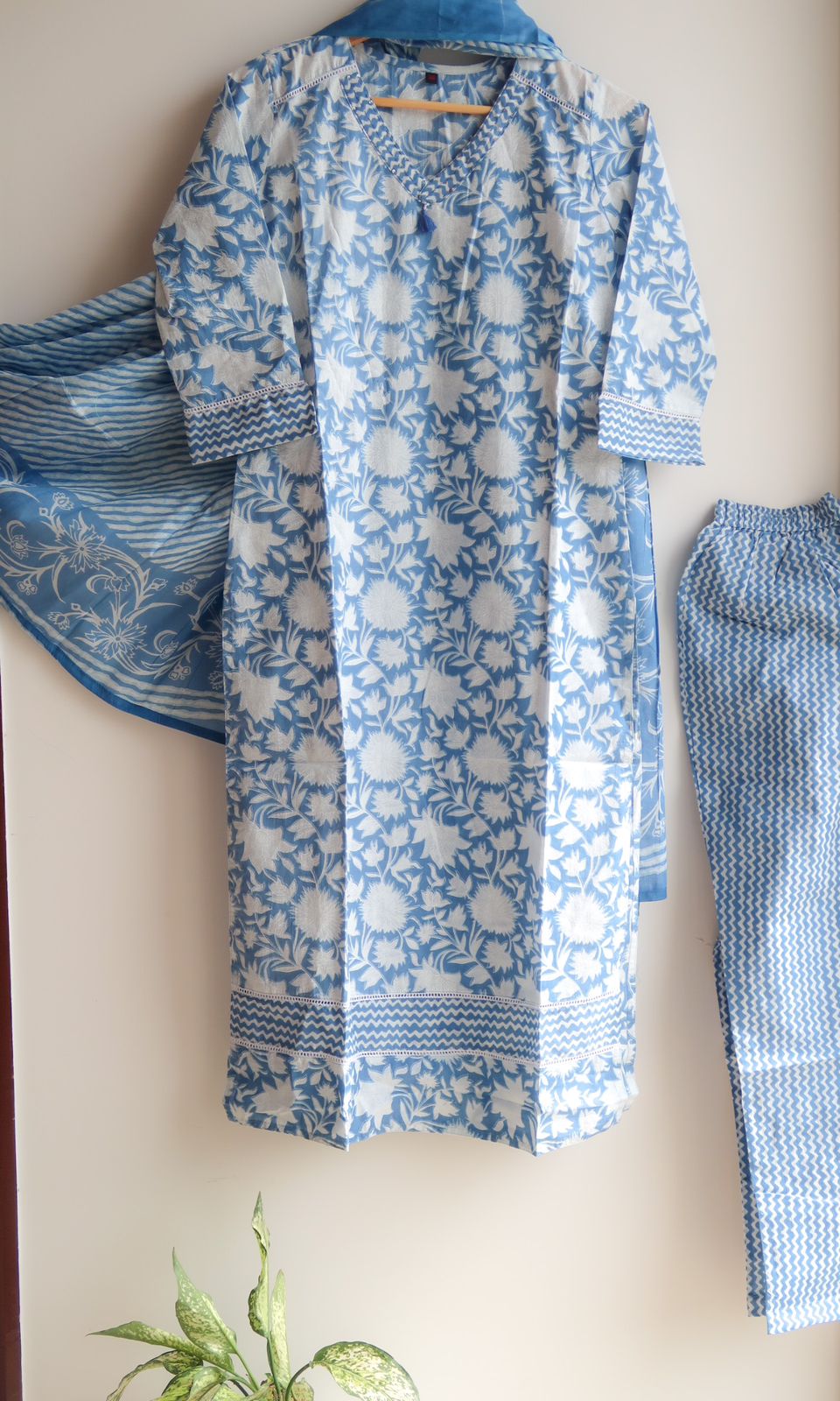 Whispering Petals: Sky Blue Floral Cotton Suit Set