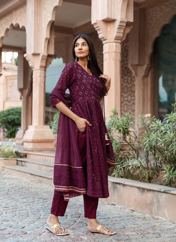SALE: Sangeet Ready Wine Sequin Nyra Cut Suit Set